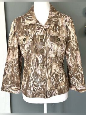 Chico’s Linen Blend Jacket Printed Metallic Brown Neutral Blazer Lightweight